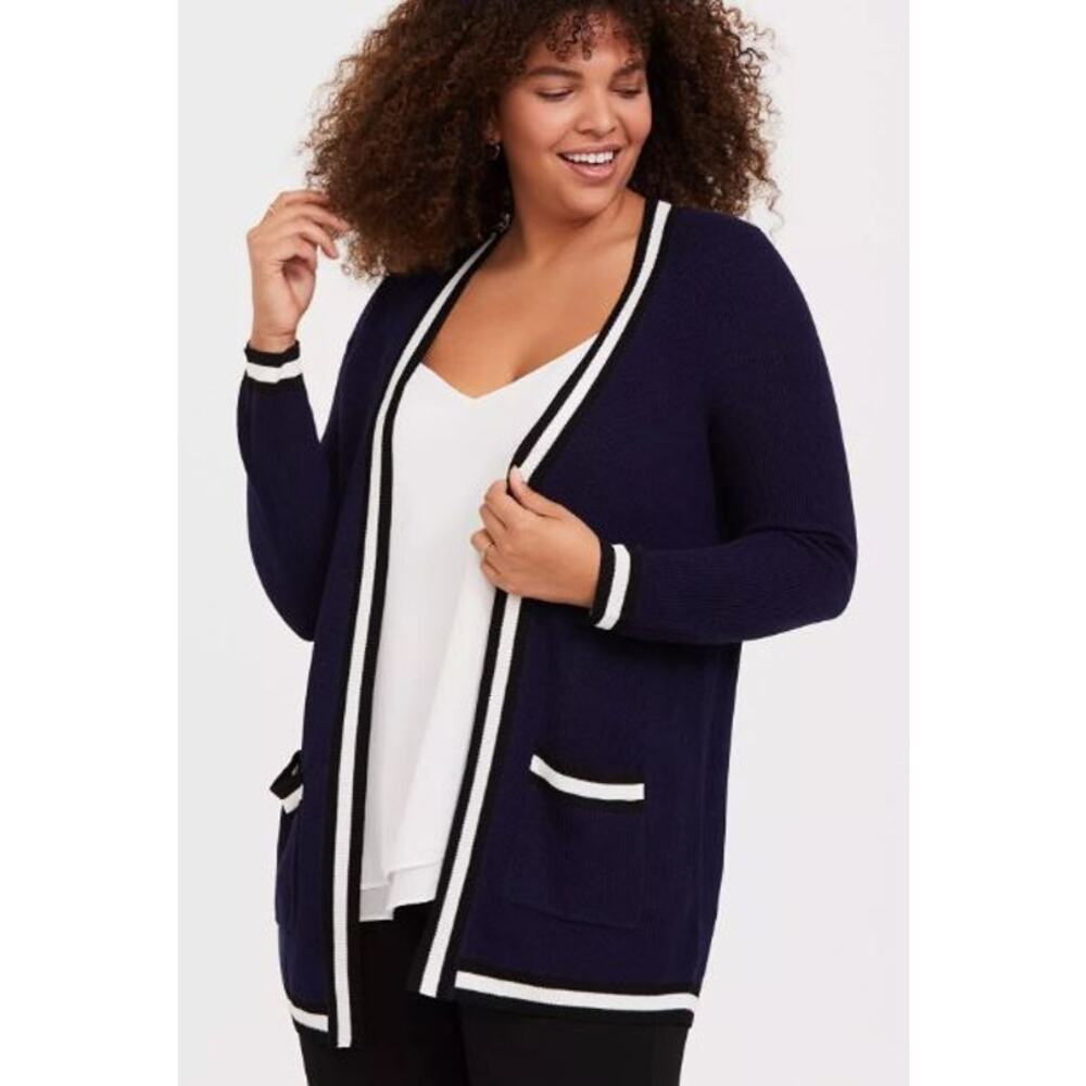 Torrid Size 1 Navy Ribbed Varsity Cardigan Open Front Preppy Classic